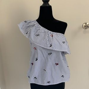 Blue and White Striped One Shoulder Top